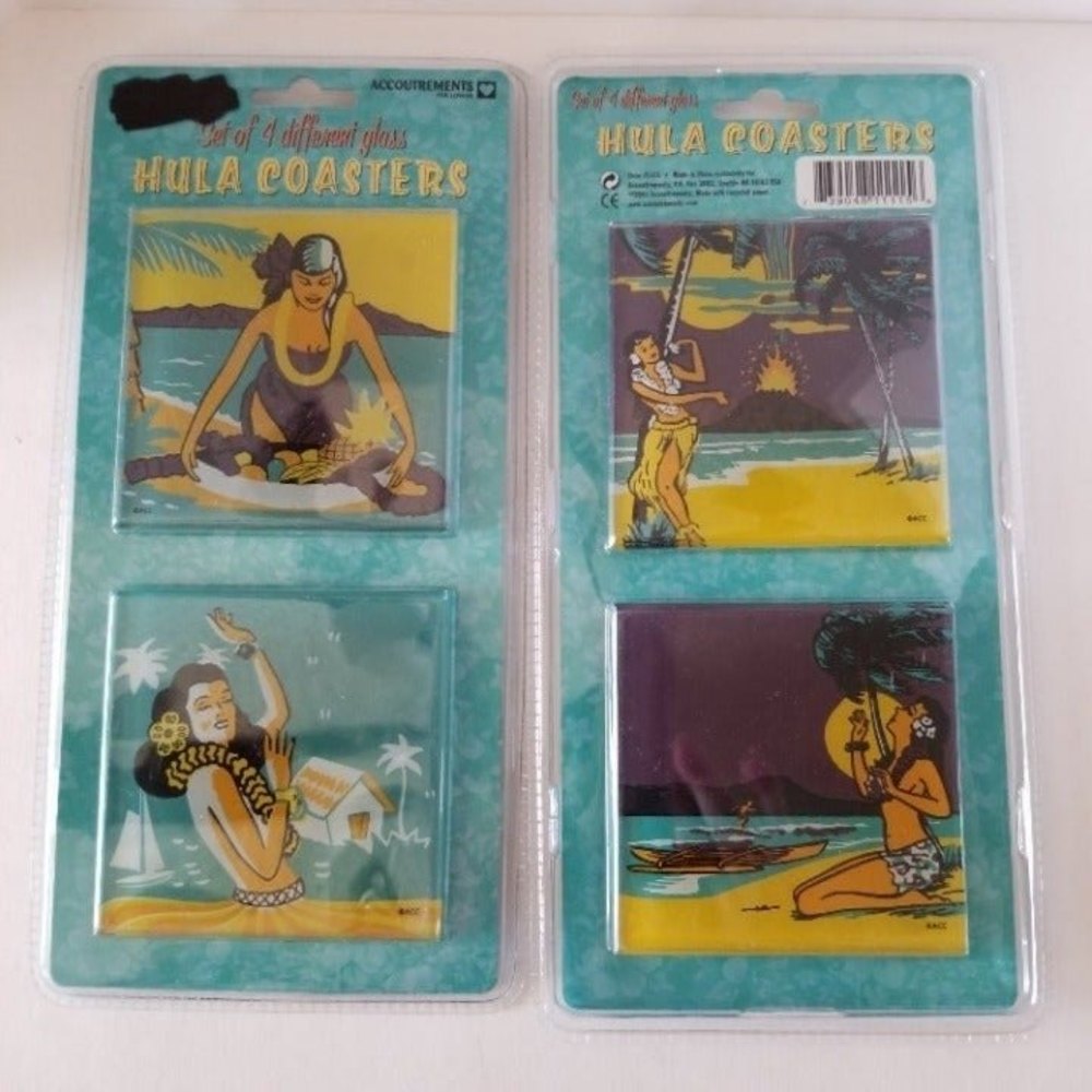 Glass Hula Coasters 2003 Sealed Accoutrements Set of 4 Polynesian